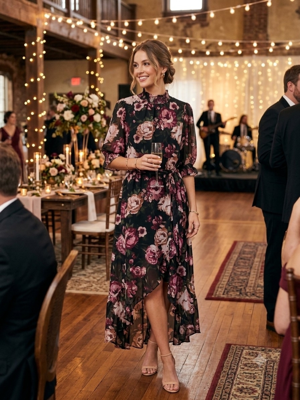 Eliza J Black Floral High-Low Midi Dress with Pink Roses